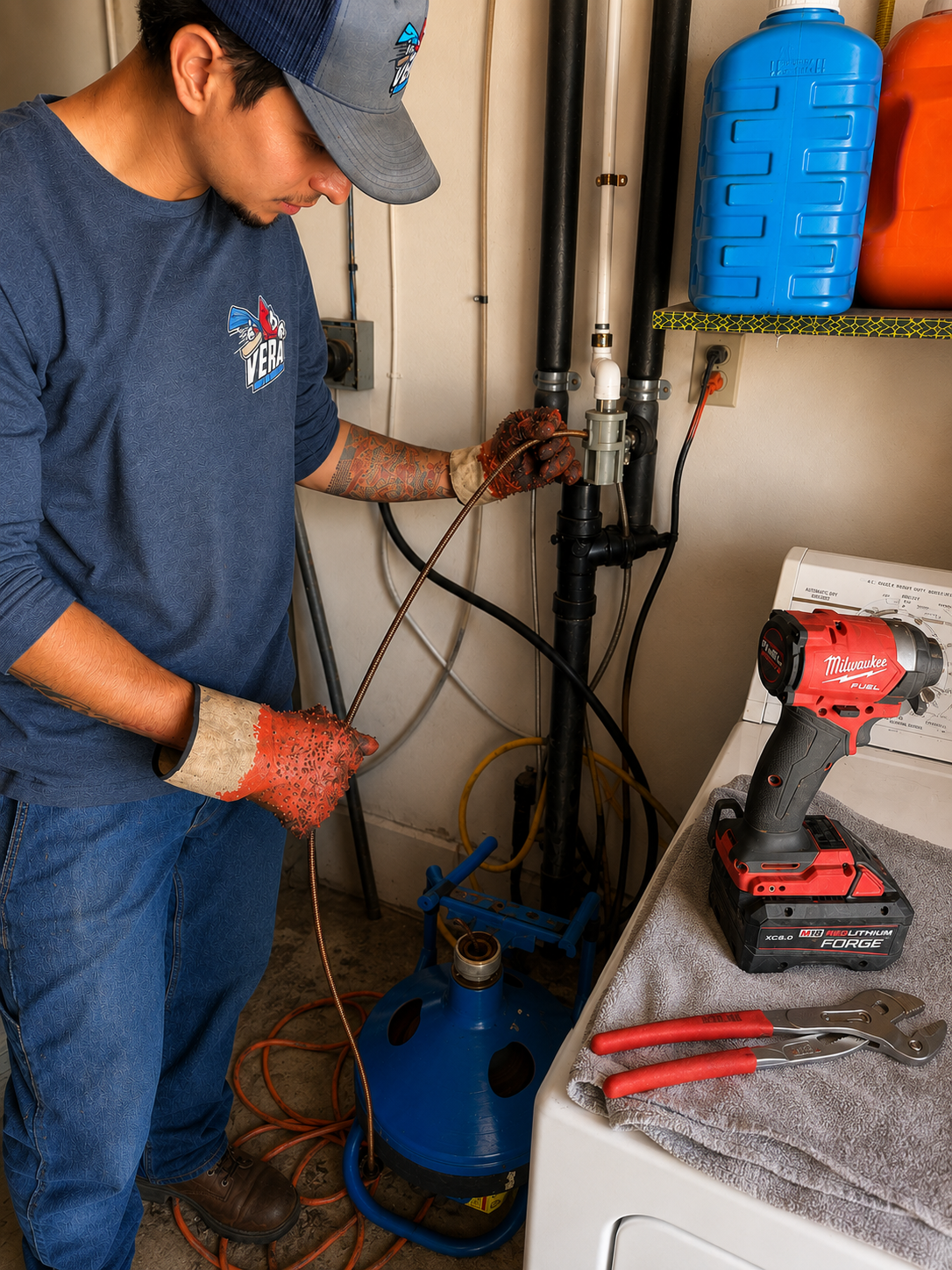 Vera Plumbing technician snaking a drain line in Jurupa Valley using a drum auger and Milwaukee power tools