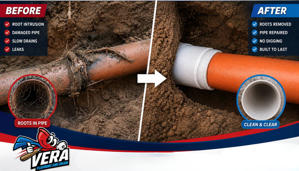 Before and after trenchless pipe repair in Jurupa Valley showing root-damaged sewer line restored to clean, clear condition